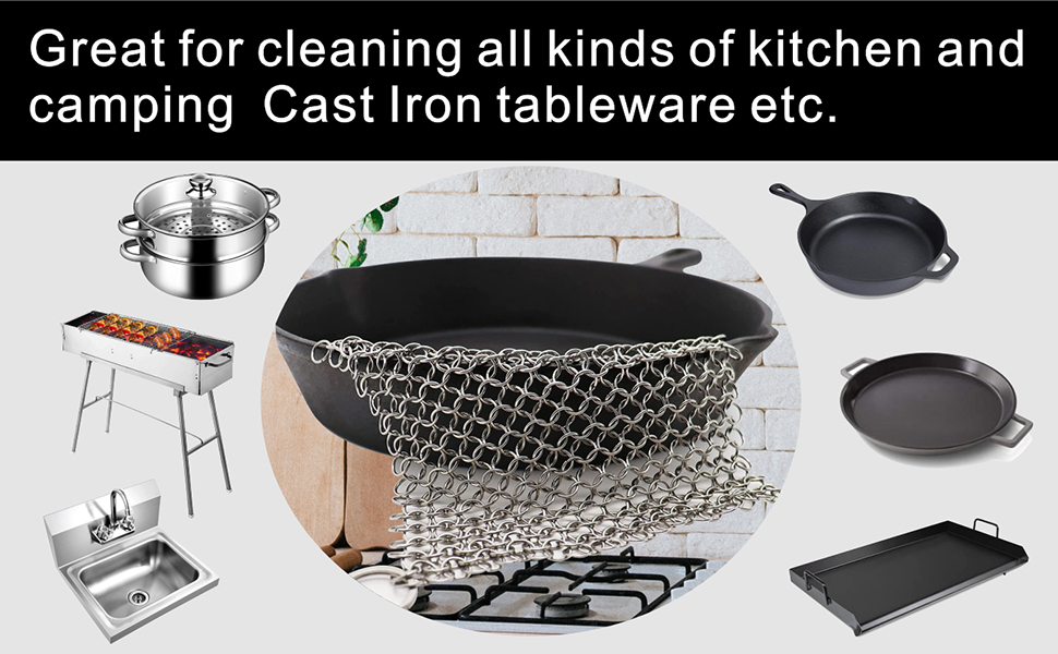 Chainmail scrubber for cast iron pan