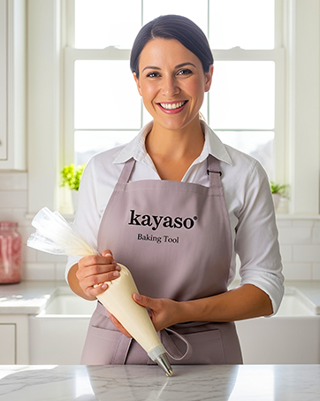 smiling woman in a Kayaso apron holding piping bag cake decorating and baking tools for home bakers