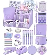 23pc Purple Desk Accessories and Organizers with Mesh Organizer Stapler Tape Dispenser Calculator...