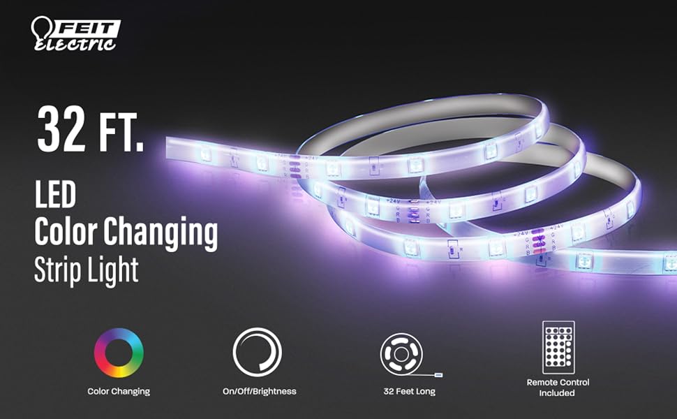 32 foot LED Strip light with color changing colors and light effects and remote control included.