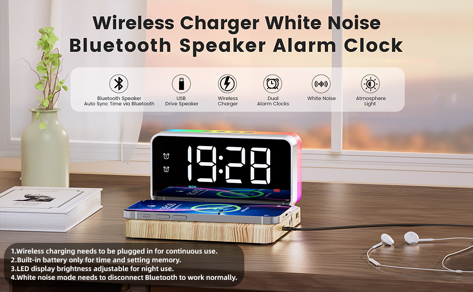 alarm clock speaker wireless charger,bluetooth alarm clock,alarm clock for teens,teen bedroom