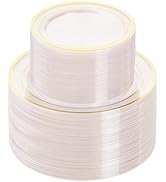 BESTVIP 200PCS Clear Gold Plastic Plate, Disposable Party Plates with 100 Dinner Plates and 100 D...
