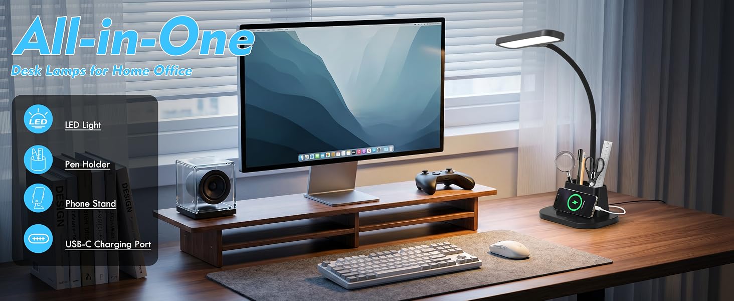 Desk Lamps for Home Office with Pen Holder USB Charging Ports Reading Light LED Table Lamp