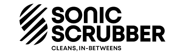 Black and white logo design for 'Sonic Scrubber' featuring diagonal striped icon and text tagline 'CLEANS IN-BETWEENS'
