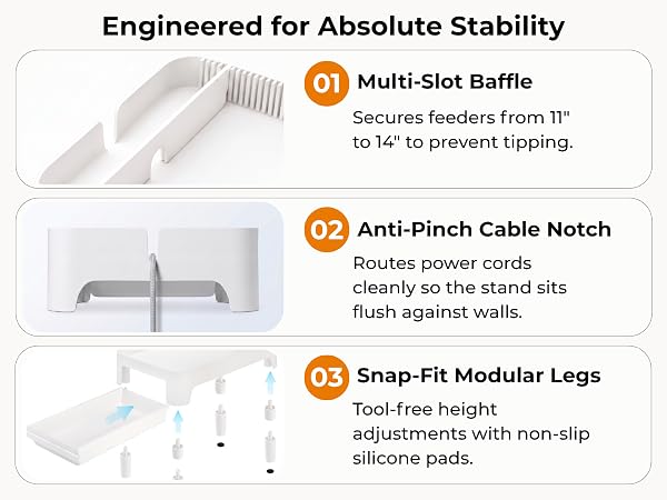 Adjustable baffle and cable management notch for anti-tipping smart cat feeder stand
