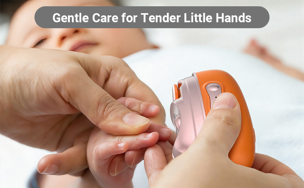 A mother using cexovil electric baby nail trimmer on sleeping infant in nursery room.