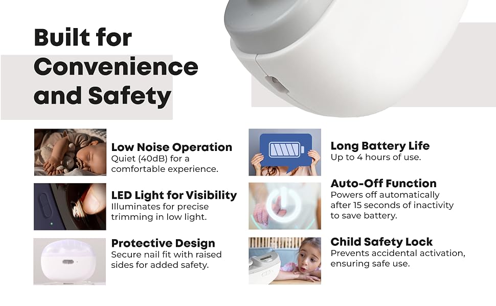Quiet electric nail cutter with safety lock, corta uñas for baby and adult toes