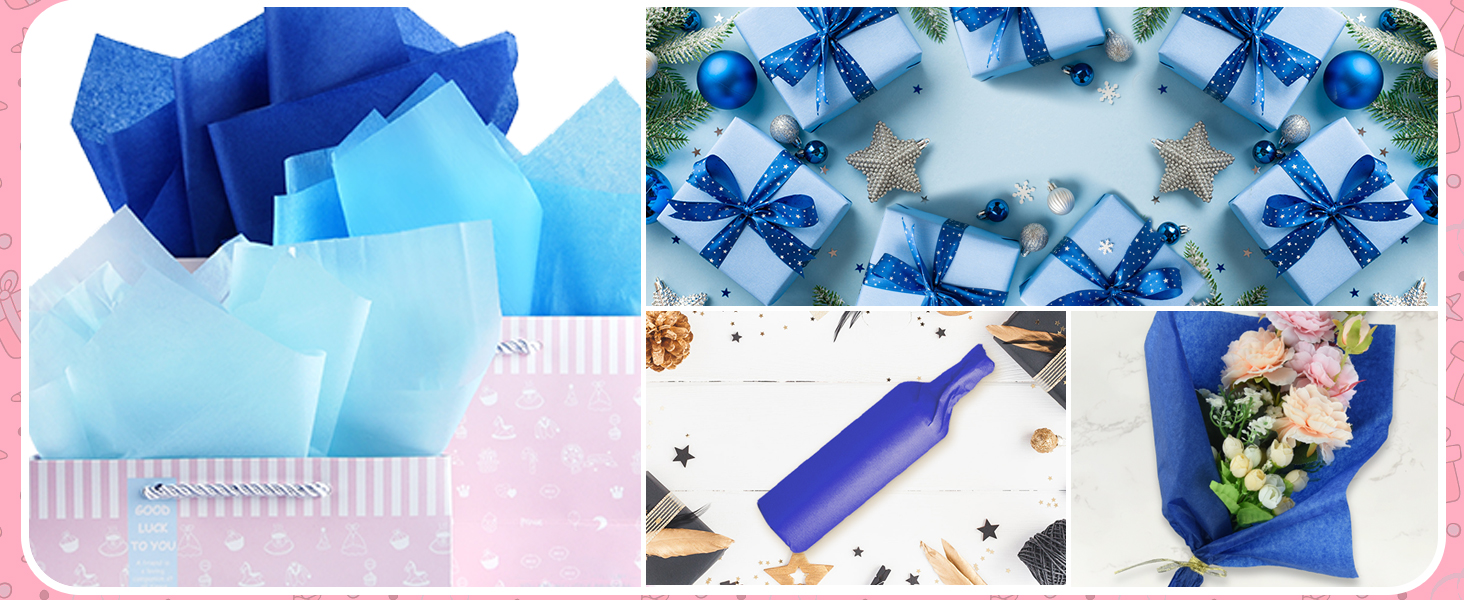 Collage of blue gift wrapping materials including tissue paper, gift boxes with bows, and a roll of wrapping paper. Pink elements visible in some sections.