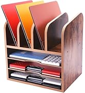 WuGeShop 3 Tier Desktop File Organizer with 4 Vertical File Holders, Rustic Desk Paper Organizer ...