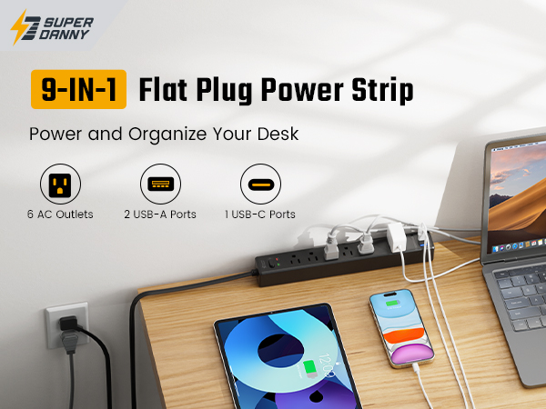 SUPERDANNY Surge Protector Power Strip Flat Plug