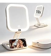 Makeup Mirror with Lights 10X/1X, Magnifying Mirror with 3 Color Modes & Stepless Dimming, Rechar...