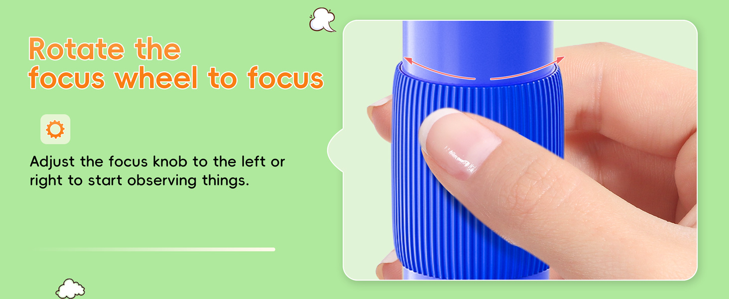Text reads 'Rotate the focus wheel to focus'. Series of screenshots showing finger rotating a blue focus wheel on a device interface with a light green background.