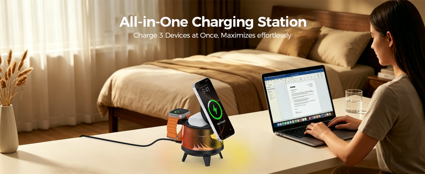 All-in-one wireless charging station, charge 3 devices simultaneously for home and office use