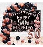 Trgowaul 50th Birthday Decorations Women - Black Rose Gold Happy 50th Birthday Banner Backdrop, 6...