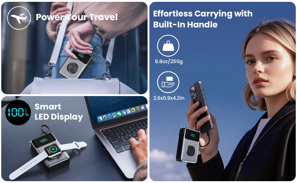 Portable Charger With Built-in Wall Plug&USB-C Cables,10800mAh Power Bank with iWatch Charger