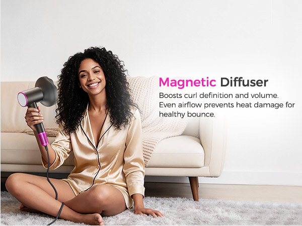 Magnetic diffuser: snaps on in seconds, enhances curls & waves – bouncy volume, natural definition.