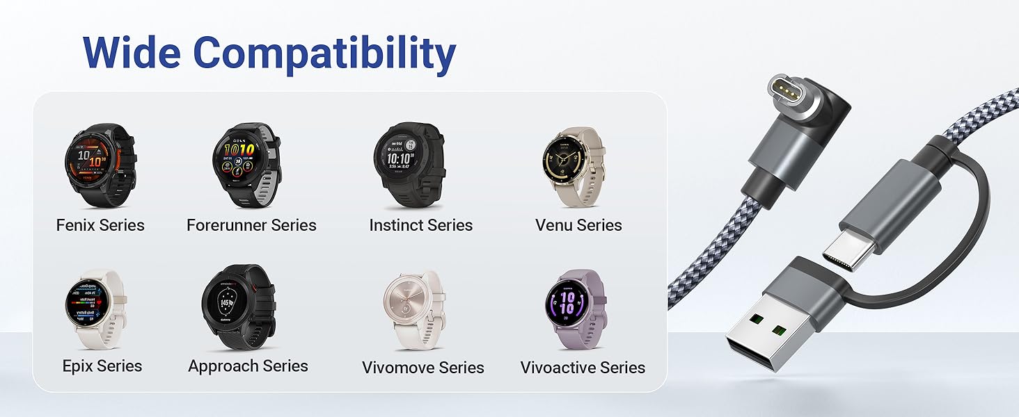 Smartwatch compatibility chart showing 8 different watch models. USB charging cable with dual connectors for various devices pictured on the right.