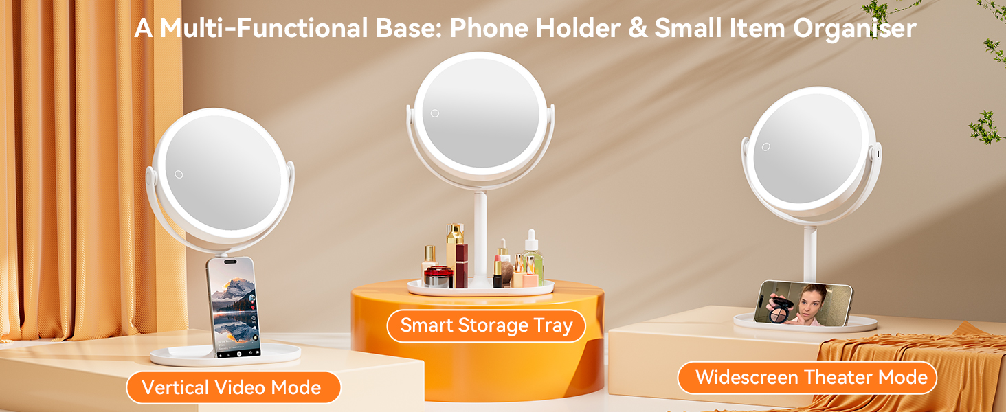 Multi-functional Makeup mirror: phone holder for vertical/horizontal use, storage tray for cosmetics