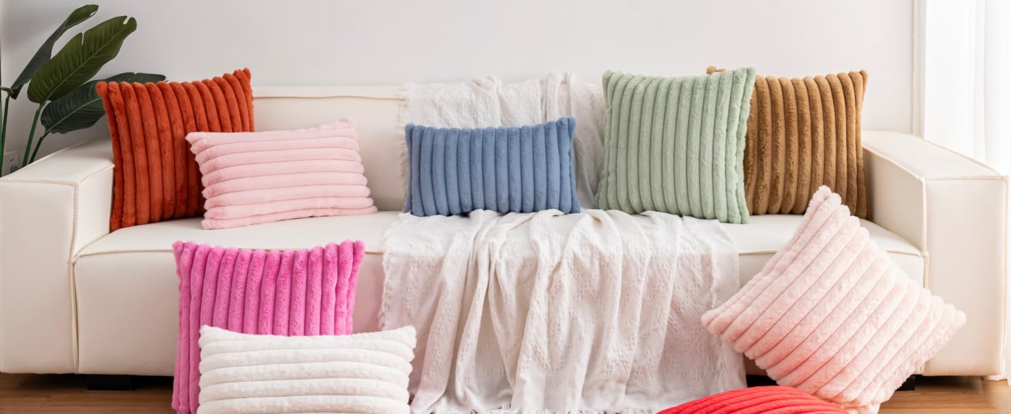 Luxury Soft Fluffy Striped Decorative Pillow Covers for Sofa, Couch, Living Room, Cream White