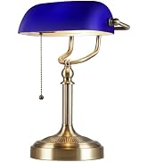 Newrays Blue Glass Bankers Desk Lamp with Pull Chain Switch Plug in Fixture for Home Office,Library