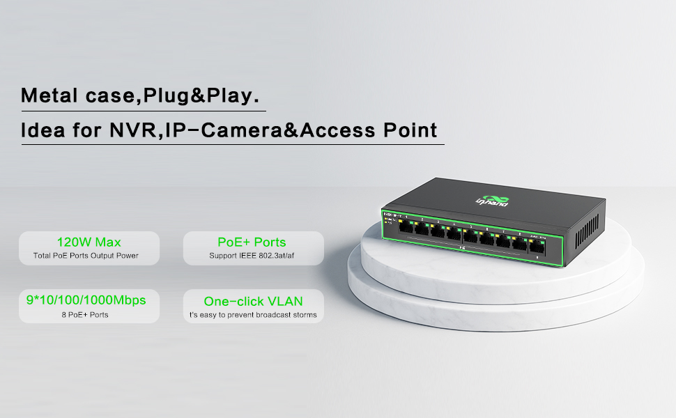 Network switch with 8 PoE+ ports, metal case. Features 120W max power, 9*10/100/1000Mbps speed, one-click VLAN. Designed for NVR, IP-Camera, and Access Point applications.