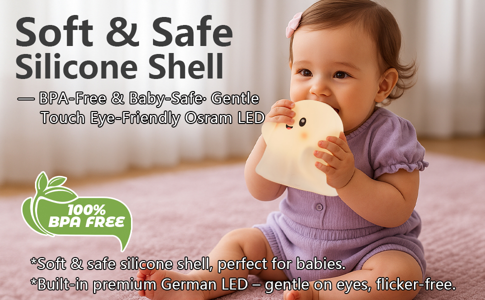 silicone ghost night light for babies, BPA-free material, soft safe tap night lamp,
