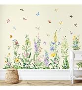 Tanlaby Wildflower Wall Decals Spring Summer Flower Floral Grass Wall Decals with Butterfly Green...