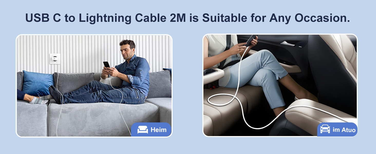 Text reads 'USB C to Lightning Cable 2M is Suitable for Any Occasion.' Multiple product photos showing black charging cable being used in different scenarios.