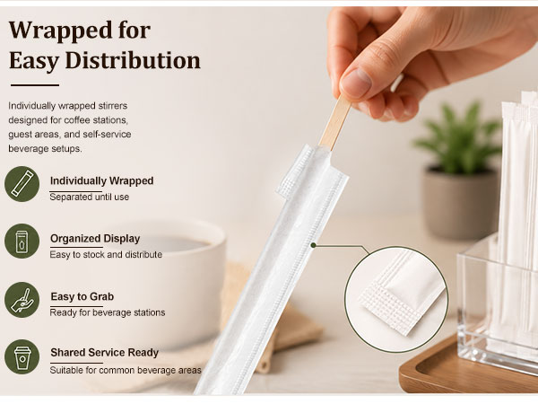Individually wrapped birch wood coffee stirrers for self-service beverage stations