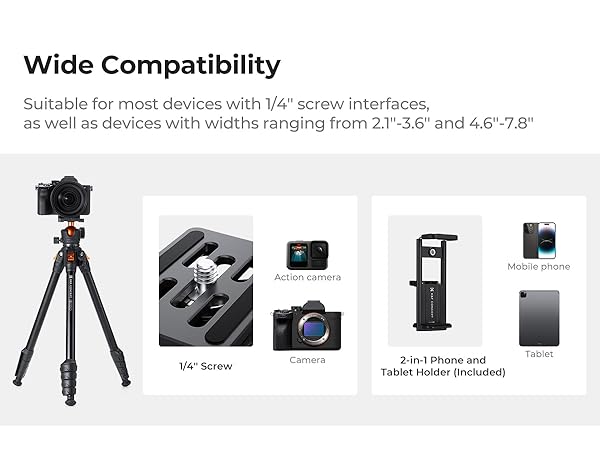 63" Aluminum Travel Tripod for Camera with Phone Holder