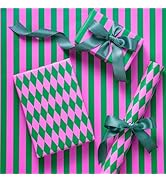 RUSPEPA Reversible Wrapping Paper Roll for Girls, Mini Roll, Pink and Green Stripes and Diamond P...