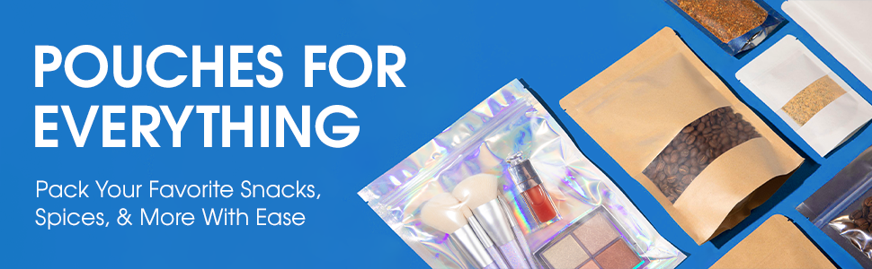Kraft, white, holographic, and aluminum pouches filled with various items laying on a blue surface