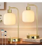 QiMH Industrial Table Lamp for Bedroom Set of 2, Cream Glass Beside Lamp with USB A&C Ports, Step...