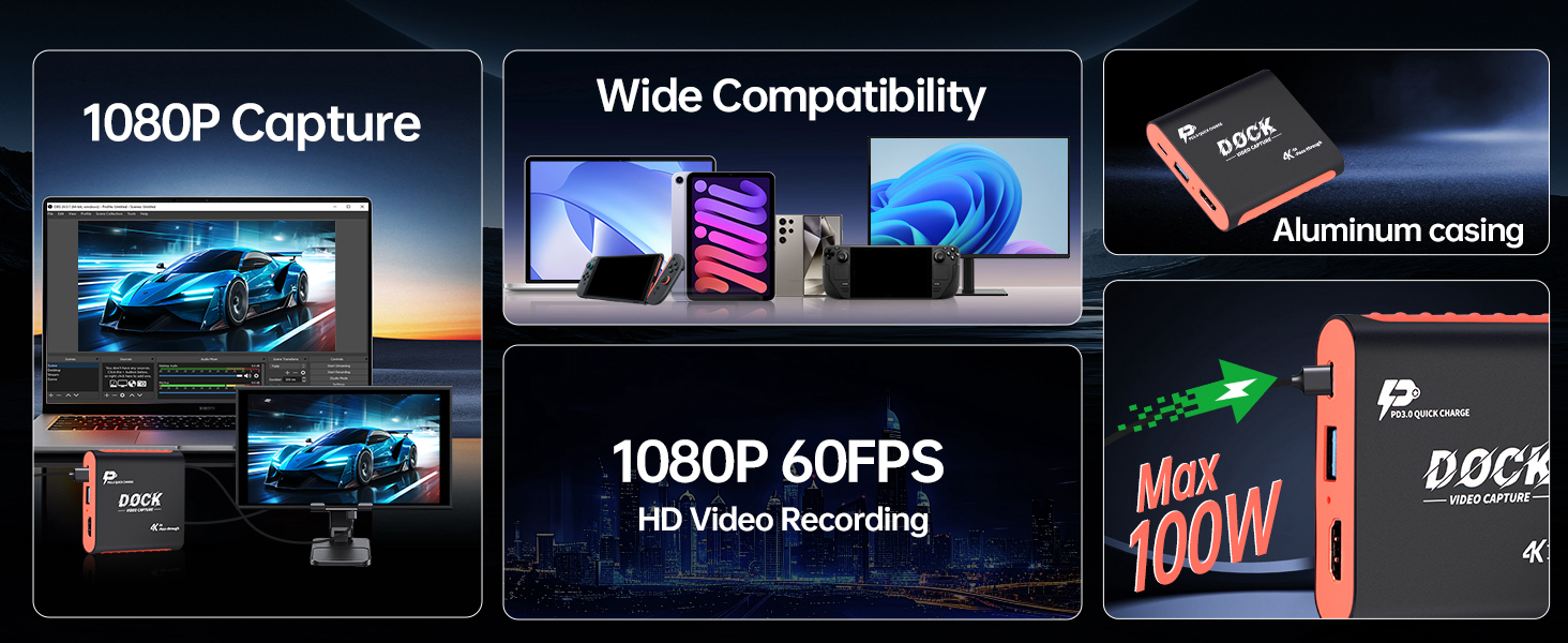 1080P capture, Max PD 100W, Aluminum casing, wide compatibility 2-in-1 switch dock & capture card