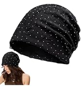 Women's Soft Thin Cotton Beanie with Ripped Details & Sparkling Rhinestones, Hipster Knit Hat for...
