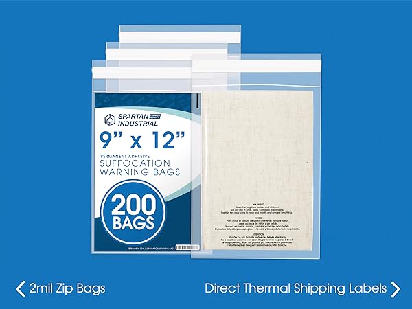 A suffocation warning bag packed with a sweater in front of its packaging on a blue background
