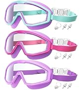 QALLY Kids Goggles Age 4-16, Anti-Fog UV 180°Clear View Kids Swim Goggles, 3 Pack Swimming Goggle...