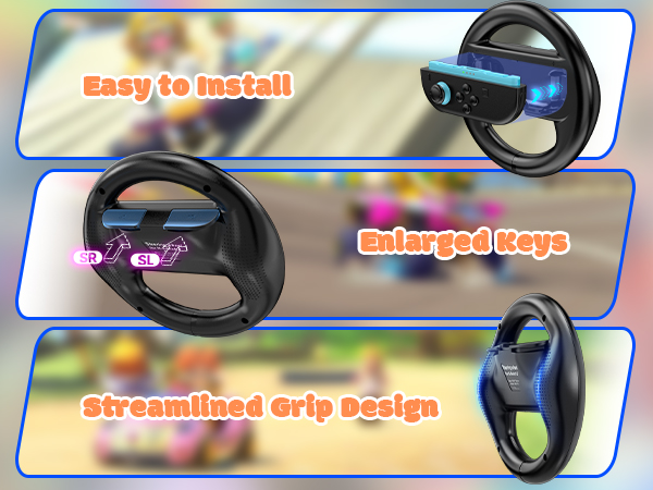 Three gaming steering wheel attachments for controllers. Top: with blue lights. Middle: with enlarged pink buttons. Bottom: streamlined grip design. Text highlights easy installation and features.