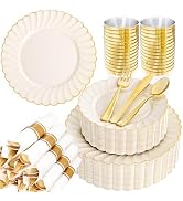 YOUBET 350PCS Ivory Scalloped Plastic Plates - Ivory and Gold Disposable Dinnerware Set Include 1...