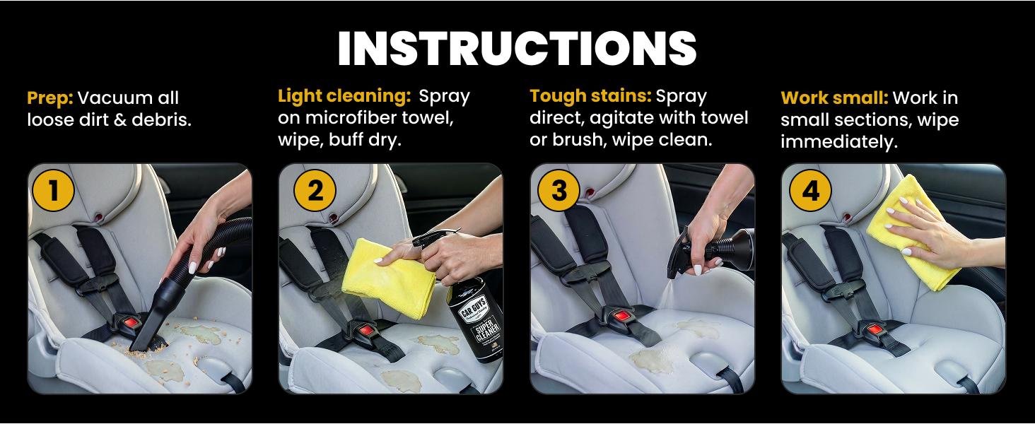 4-step instructions: vacuum, spray and wipe, agitate tough stains, work in small sections