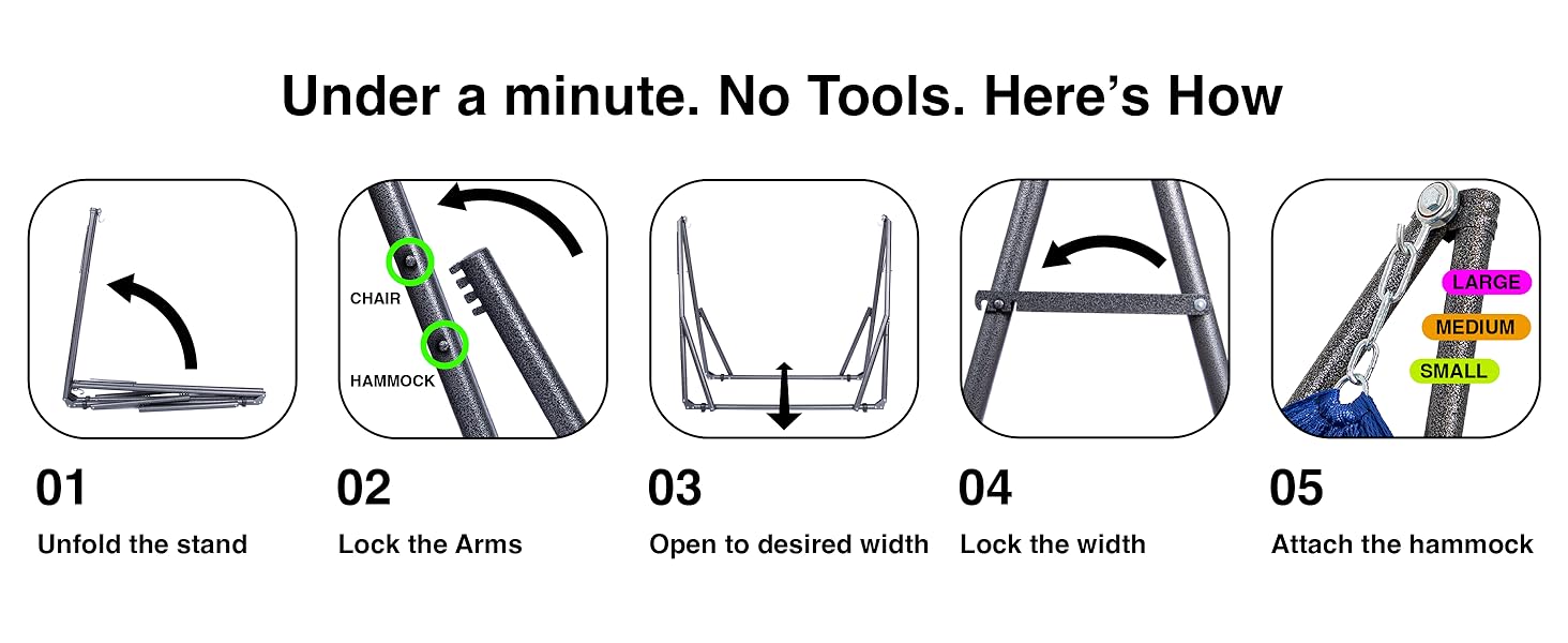Five-step no-tool guide for assembling a portable hammock with stand