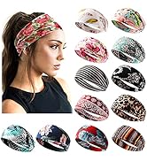 Jesries 12 Pack Headbands for Women Boho Printed Non Slip Hair Band Sport Yoga Running Elastic Sw...