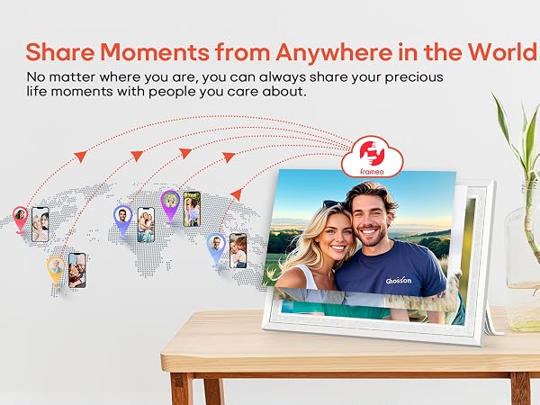 frameo digital picture photo video frame smart wifi HD IPS touch screen slideshow 32GB auto rotate