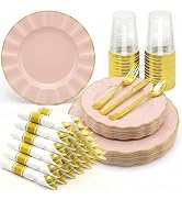 175 PCS Pink Plastic Dinnerware Set for 25 Guests Pink Disposable Plastic Plates Heavy Duty Scall...