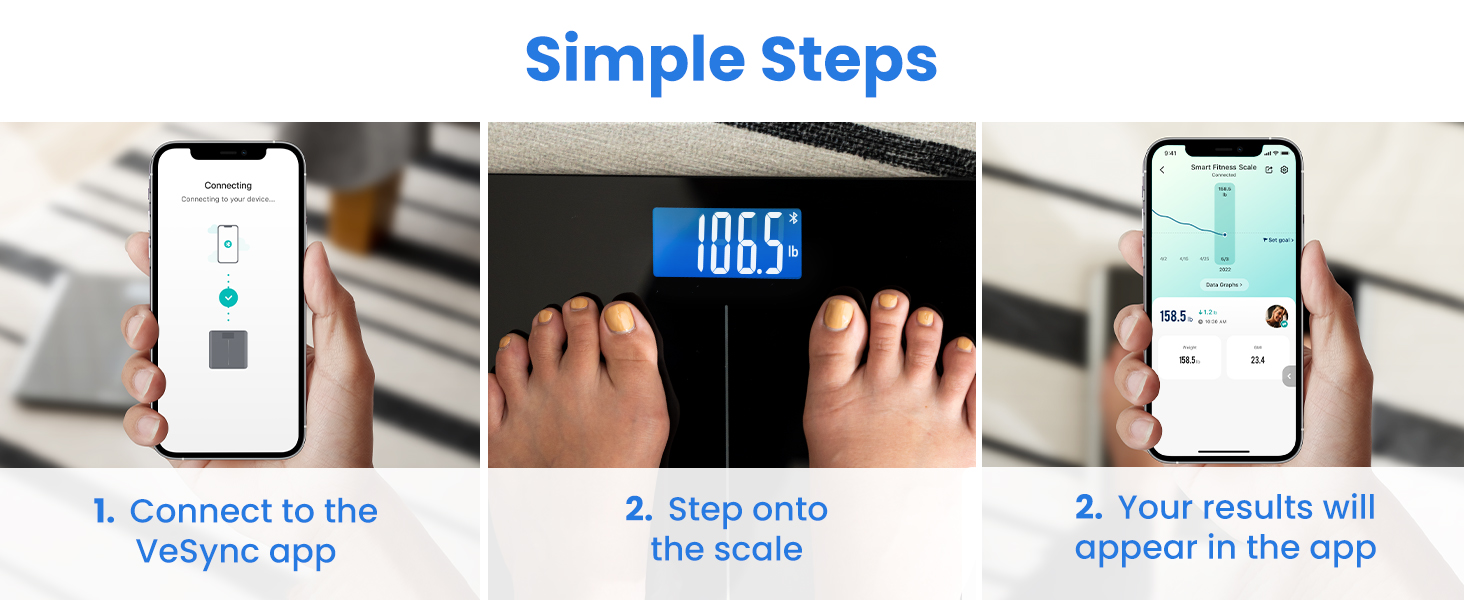 Simple Steps: Connect to the VeSync app and step on, your results will appear in the app.