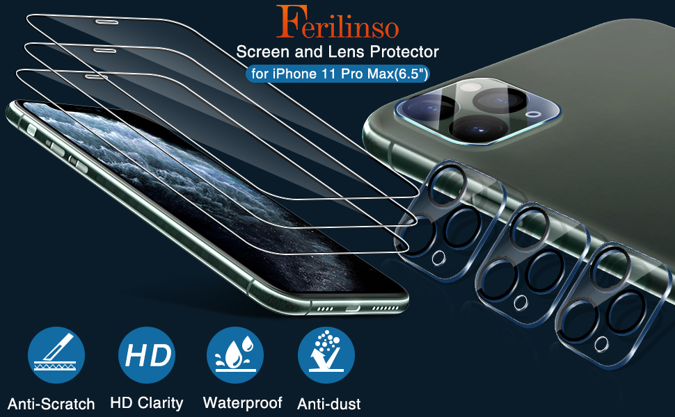 Ferilinso Screen Protector + Camera Lens Protector for iPhone 11 Pro Max