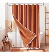 BTTN 3 in 1 Shower Curtain with Liner, Burnt Orange Boho Linen Striped Cloth Shower Curtain Set w...