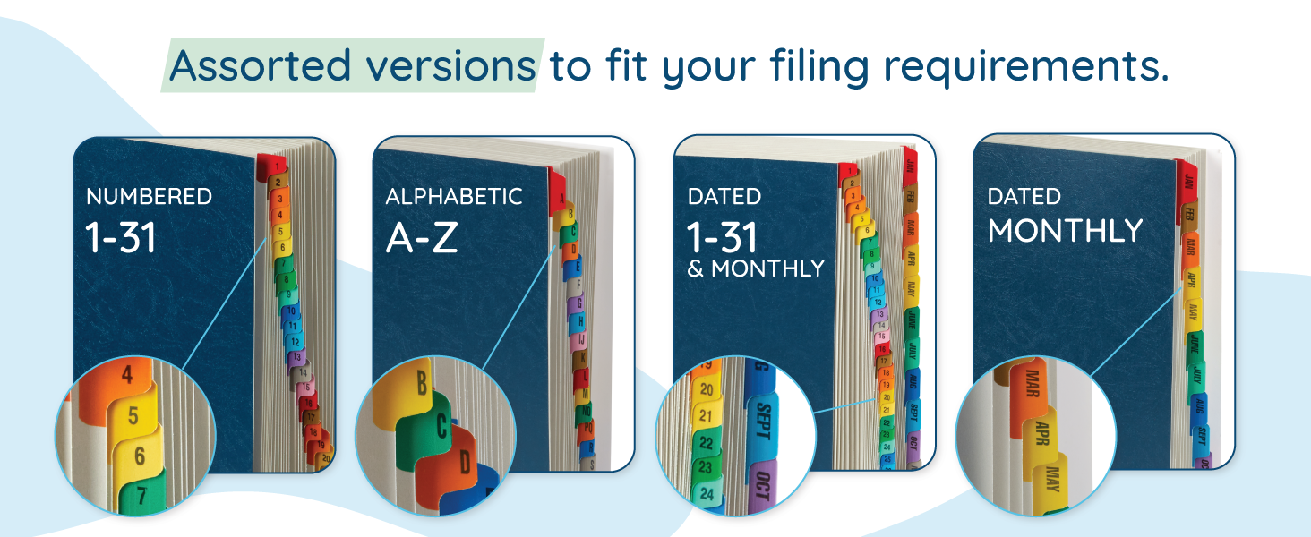 Different types of expanding desk files with detail photos