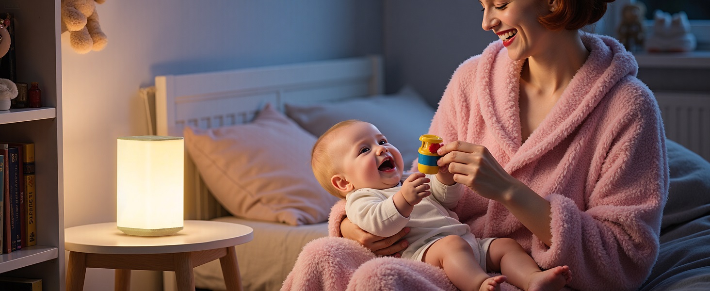 Eye-friendly nursery lamp providing warm glow for mom and baby playing together.