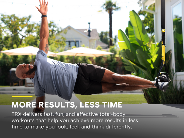 A person using at-home exercise equipment. Text reads: Delivers an effective total-body workout.